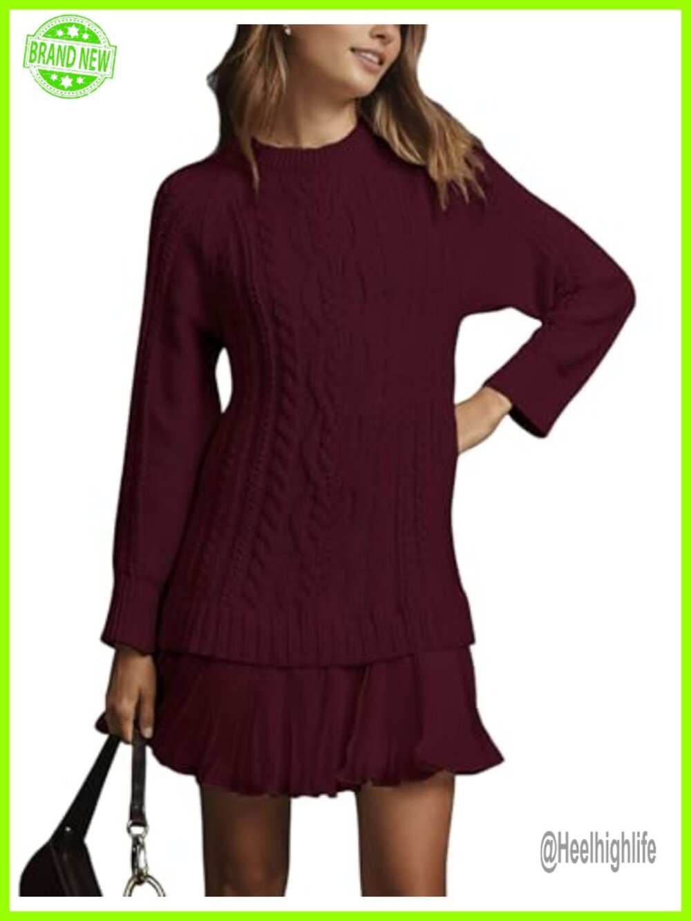 Cable Knit Twofer Sweater Dress Long Sleeve Pleated Mini A-Line